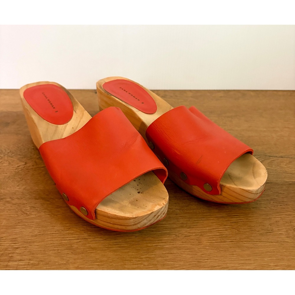 Zara Woman Size 9 40 Orange Leather Wooden Wedge Clog Mule Sandals Y2K Boho